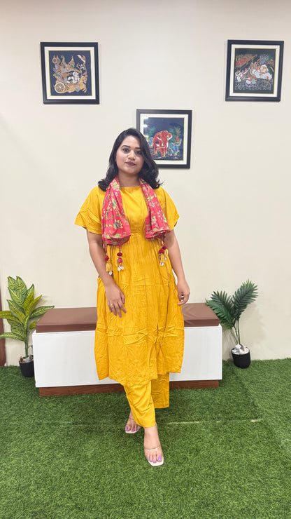 Rayon Solid Kurta Palazzo Scarf Set for Women | Mustard Flared Kurti with Pant and Printed Dupatta