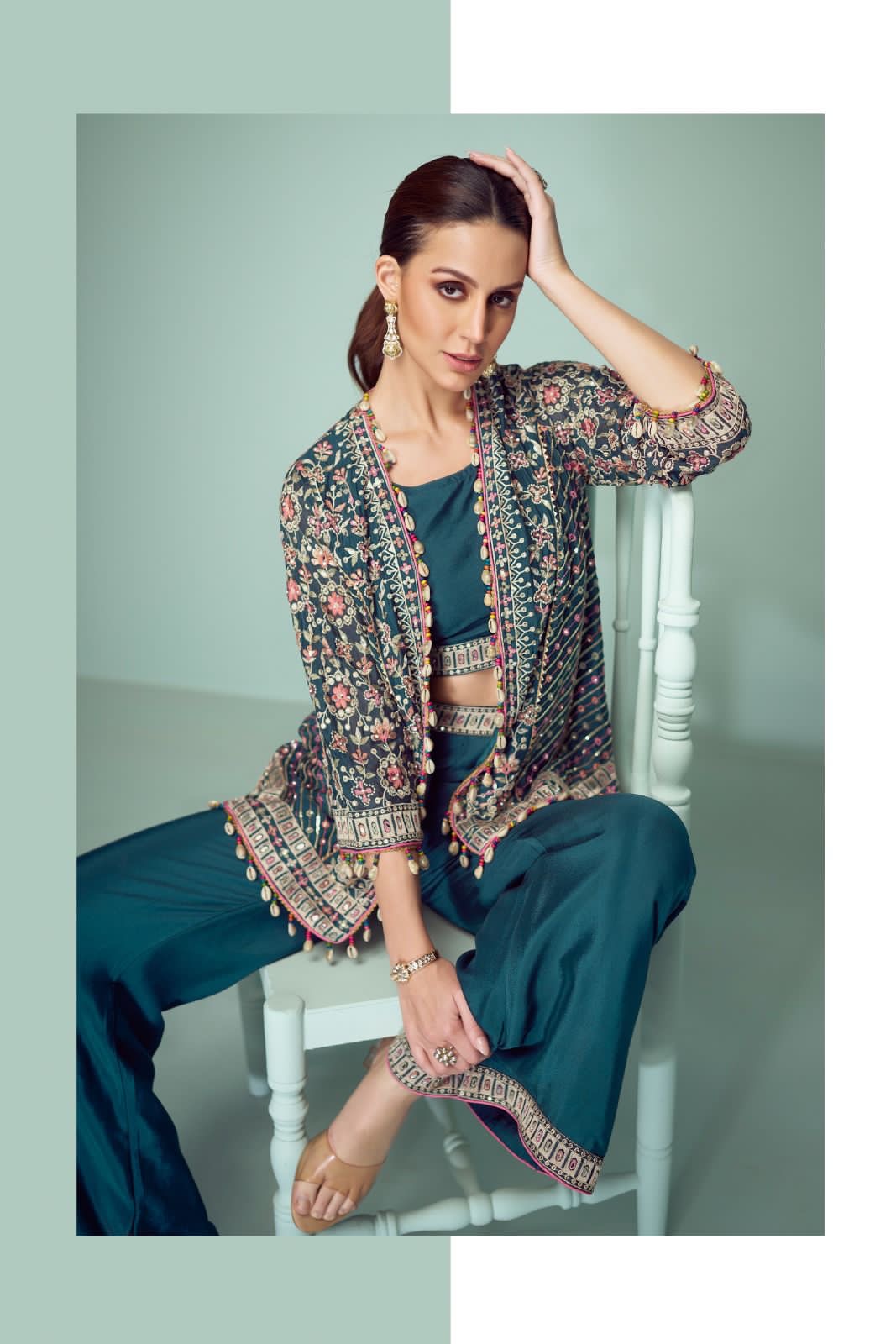 Real Chinon 3-Piece Ethnic Set with Front and Back Embroidery, Mirror Work, and Tassel Lace – Free Size Stitched