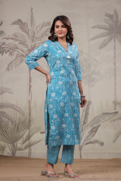 Pure Cotton Printed Kurta Pant Set for Women – Blue Daily Wear Suit Set, Sizes 38–46