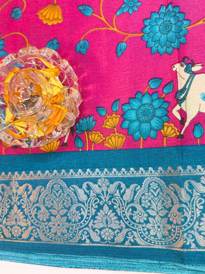 Madrasi Cotton Silk Saree with Cultural Print Motifs and Matching Blouse Piece for Women