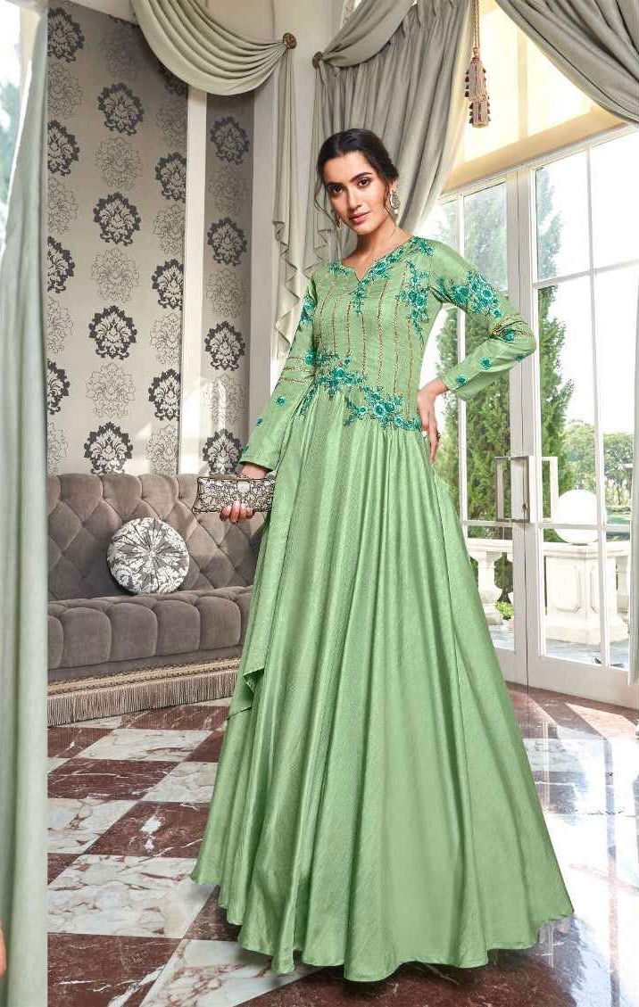 Muslin Silk Embroidered Gown for Women with Handwork and Malai Crepe Inner – 56+ Inch Length