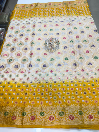 Banarasi dupiyan bandhani saree with semi-weaving neemjari work and hand chunri craftsmanship