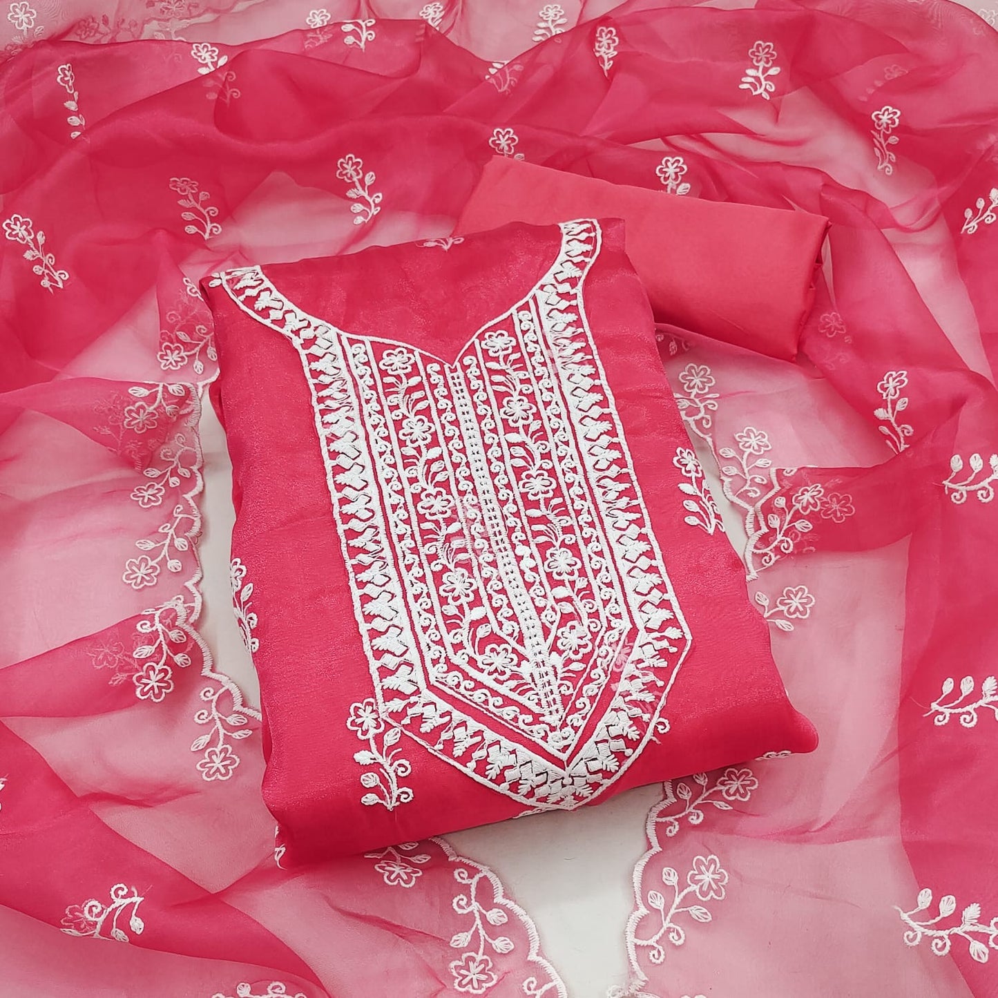 Unstitched Organza Silk Dress Material with Multi-Work Detailing, Micro Fabric Bottom and Organza Dupatta