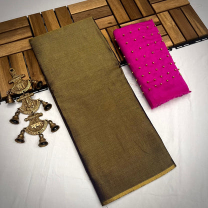 Semi Uppada Tissue Silk Bridal Saree with Mono Banglori Blouse and Pearl Work