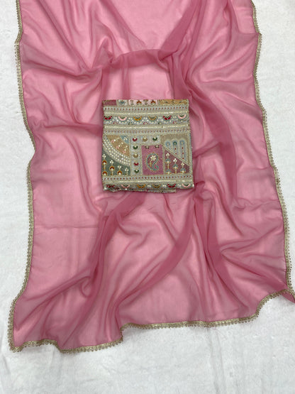 Women’s Georgette Saree with Lace Border and Heavy Embroidery Coding Work Designer Blouse