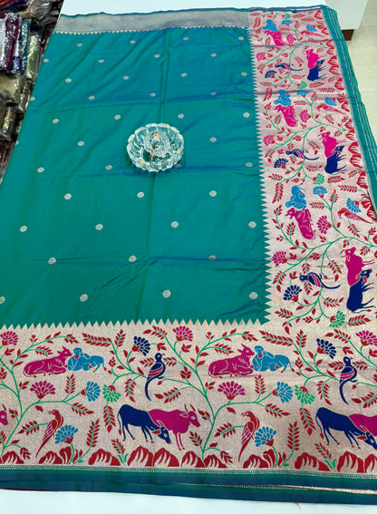 Paithani printed soft silk saree with zari-style border and contrast blouse for women