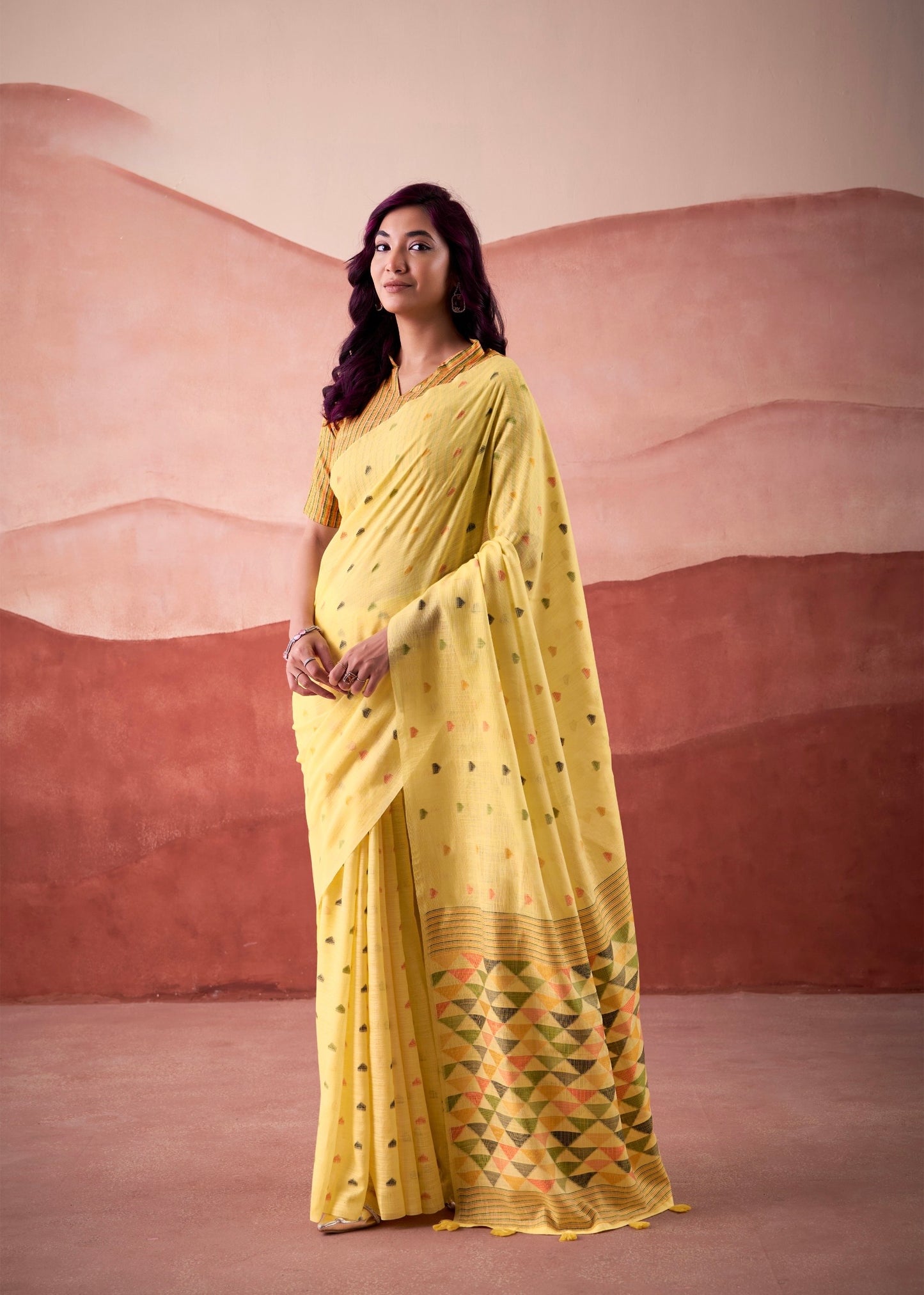 linen silk printed saree with geometric pallu and multicolor motifs – ethnic wear for women