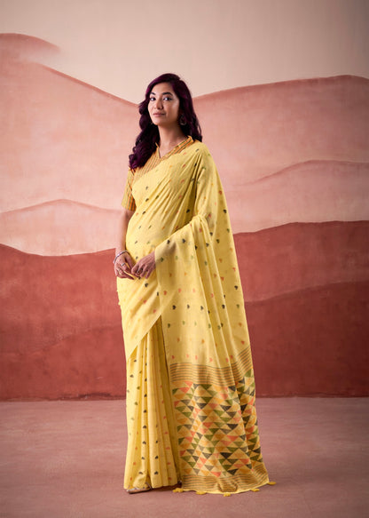 linen silk printed saree with geometric pallu and multicolor motifs – ethnic wear for women