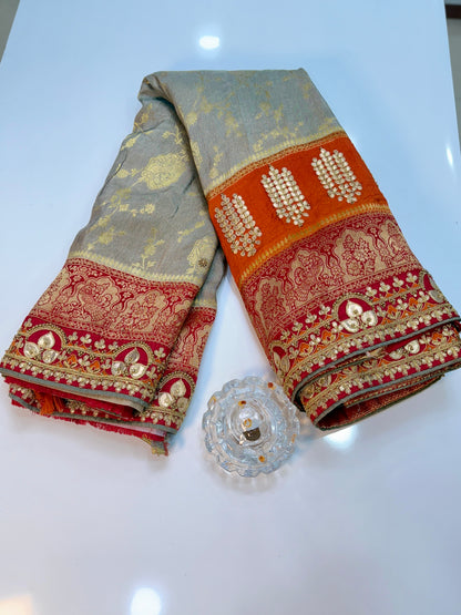 Pure Dola silk saree with position weaving and embroidered blouse – premium ethnic wear for weddings and festive occasions