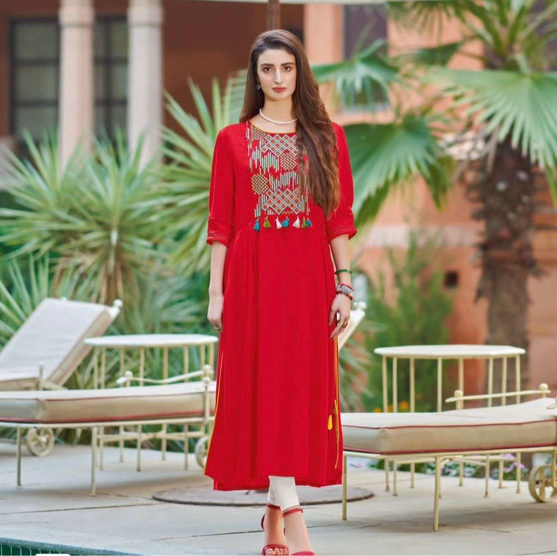 Rayon Printed Kurti with Embroidery and Handwork for Women – XL & XXL