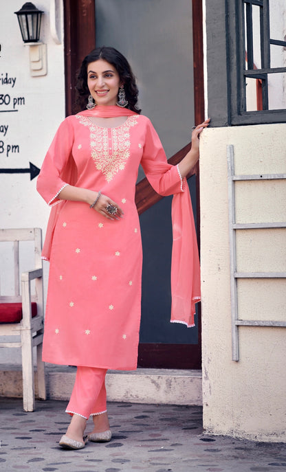Pure Cotton Kurti Pant Set with Dupatta & Embroidery Work – Sizes L to 3XL