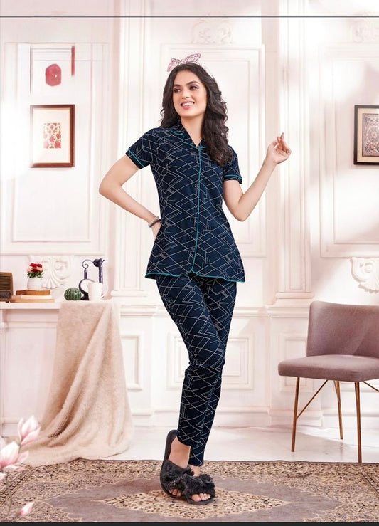 Printed Sinker Fabric Collar Night Suit Set – Women’s Loungewear & Nightwear (M to 2XL)