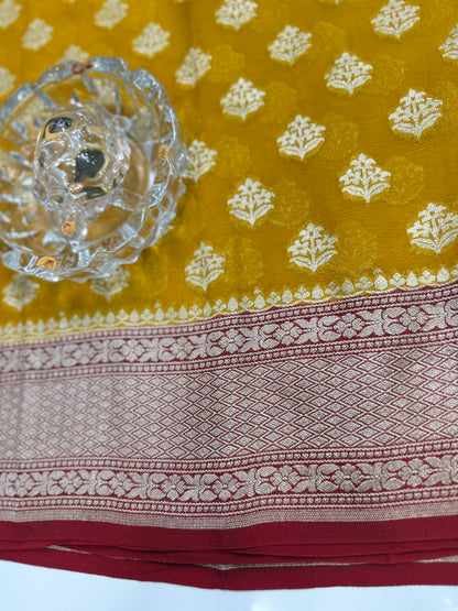 Pure Handwoven Kaddi Georgette Saree with Water Zari Jaal Weaving – Silk Mark Certified