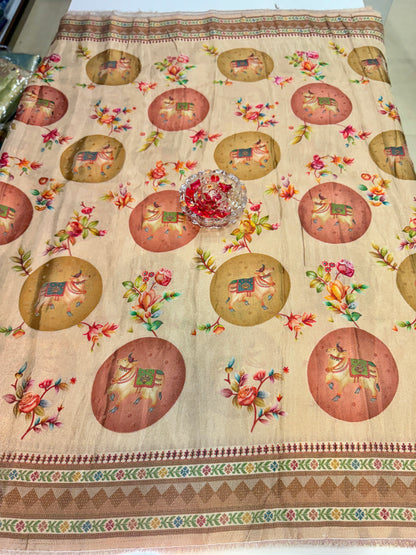 Pure Ziraf Silk Printed Saree with Elephant and Floral Motifs – Lightweight Soft Silk Saree for Women