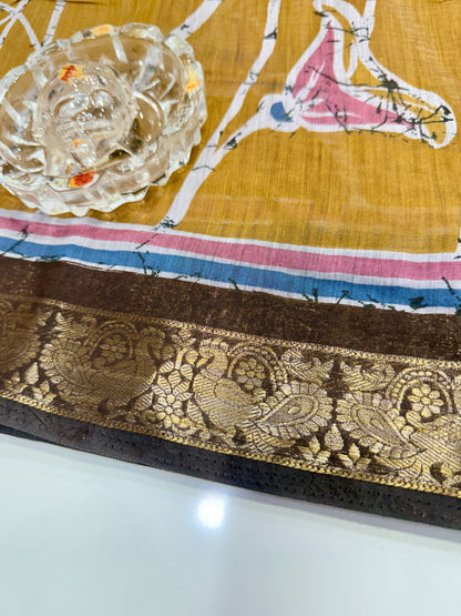 Chennuri silk style printed saree with traditional artwork border and unstitched blouse fabric for women