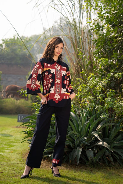 Cotton Poplin Oversized Co-Ord Set with Hand Brush Painted Design – Artistic Casual Wear for Women (Sizes 38 to 44)