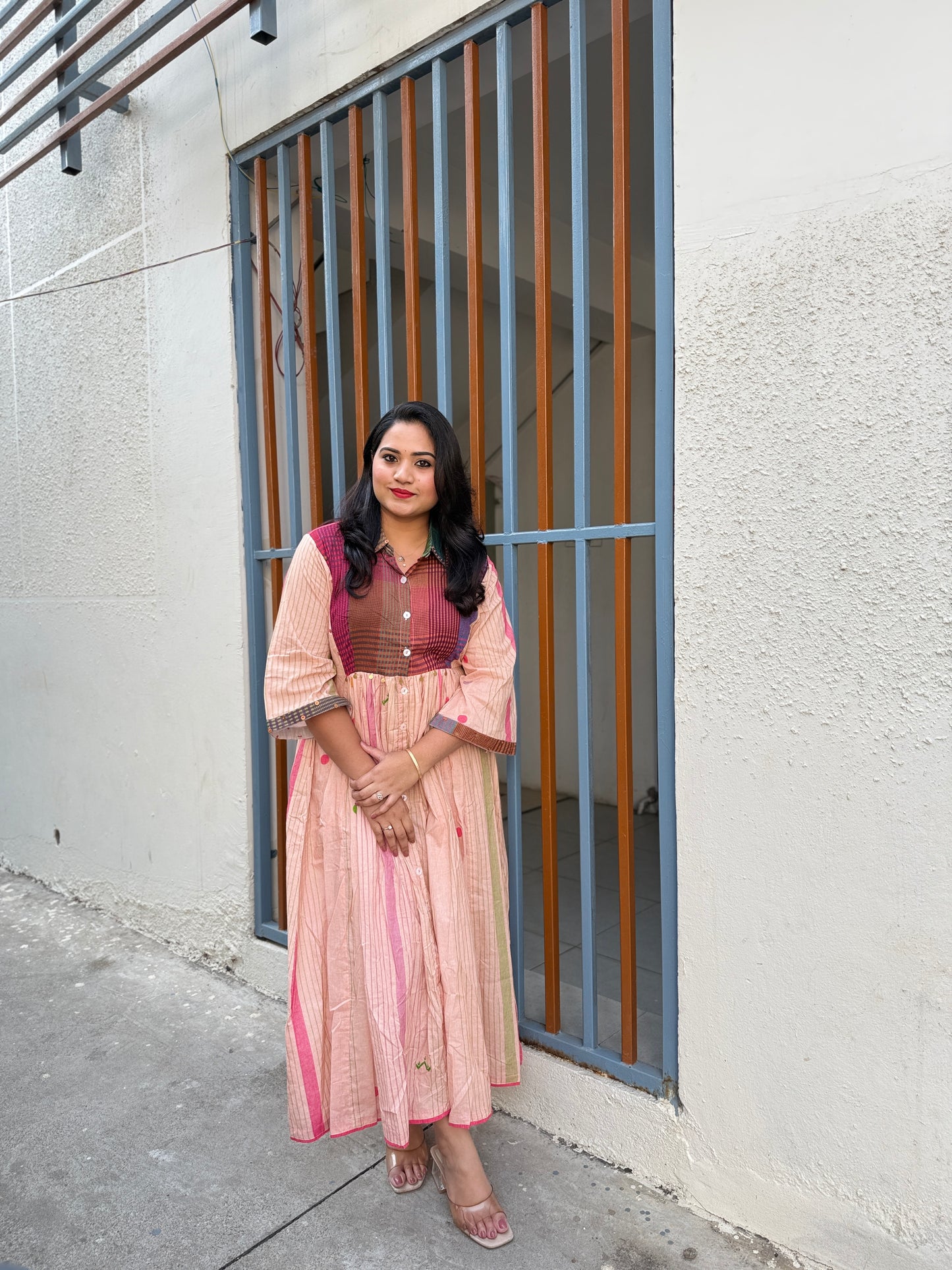 Pastel Panelled Cotton Dress with Checkered Yoke and Hand-Embroidered Motifs – Women’s Full Sleeve Casual Wear