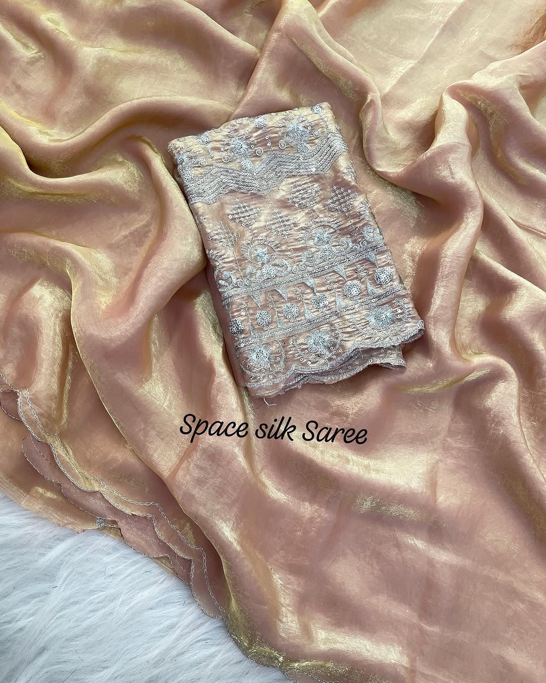 Space Silk Saree with Arco Cut Work and Embroidered Blouse – Elegant Party and Festive Wear Saree for Women