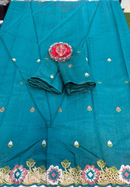 Matka Silk Saree with Embroidered Buttis, Cutwork Big Pallu, and All-Over Cutwork Panel