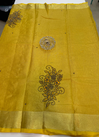 Pure Tissue 150 Count Linen Handloom Saree with Handwork and Running Blouse for Women