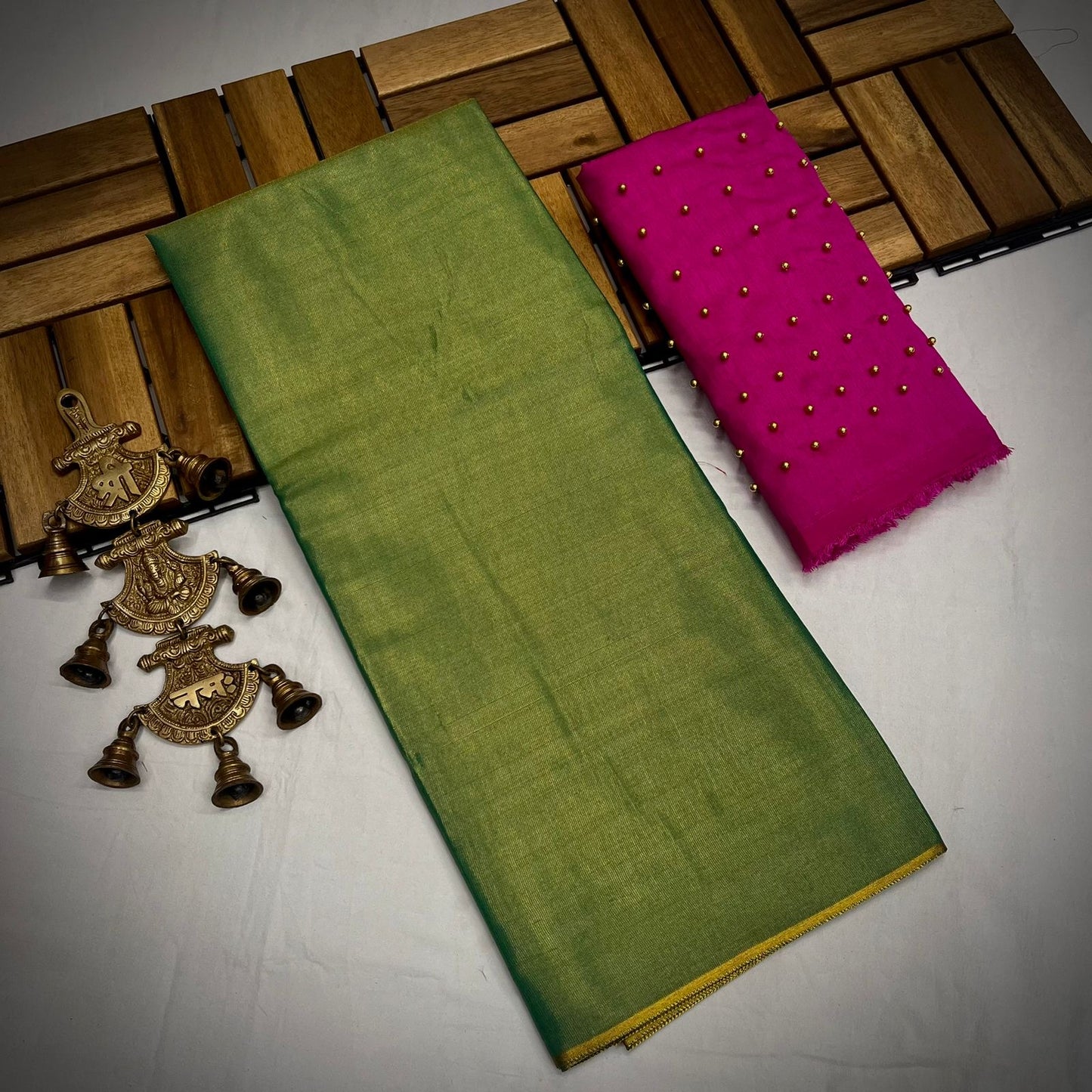 Semi Uppada Tissue Silk Bridal Saree with Mono Banglori Blouse and Pearl Work