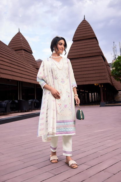 Organza Embroidered Kurti Pant Set with Sequins and Printed Cotton Dupatta for Women