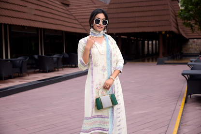 Organza Embroidered Kurti Pant Set with Sequins and Printed Cotton Dupatta for Women