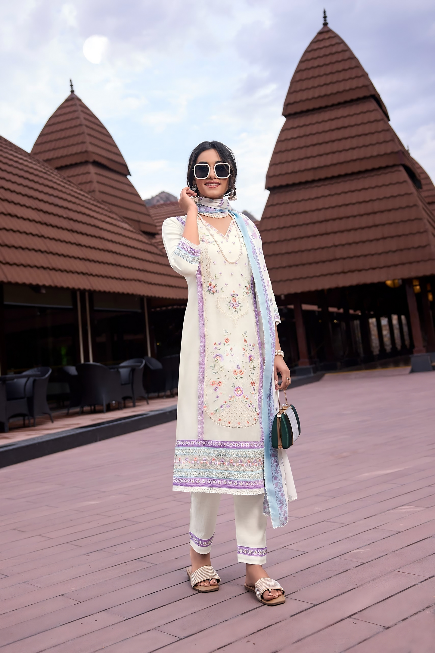 Organza Embroidered Kurti Pant Set with Sequins and Printed Cotton Dupatta for Women