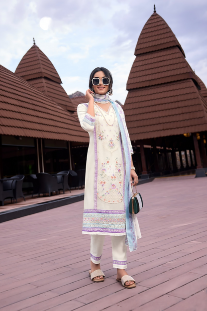 Organza Embroidered Kurti Pant Set with Sequins and Printed Cotton Dupatta for Women