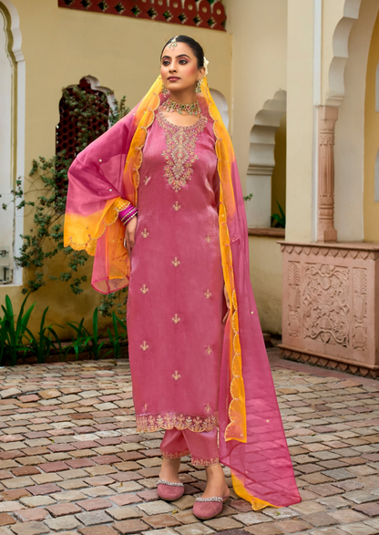 Burberry Silk Kurta Pant Set with Fancy Work and Organza Double-Tone Dupatta for Women