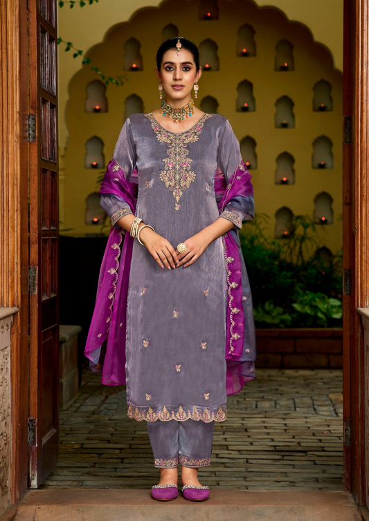 Burberry Silk Kurta Pant Set with Fancy Work and Organza Double-Tone Dupatta for Women