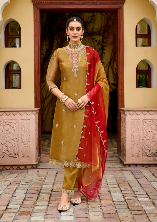 Burberry Silk Kurta Pant Set with Fancy Work and Organza Double-Tone Dupatta for Women