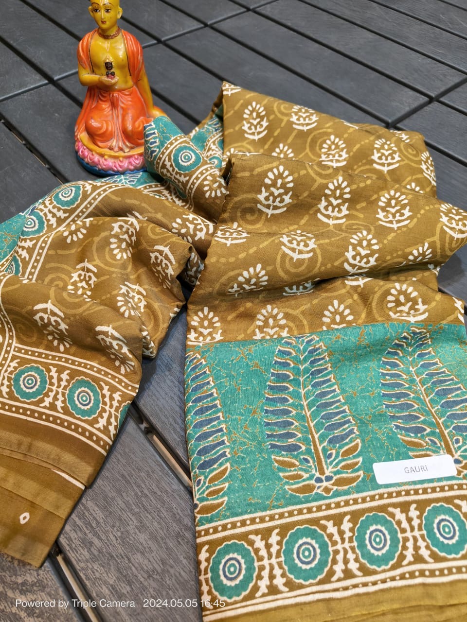 Semi Modal Silk Saree with Hand Block Prints and Contrast Blouse for Women