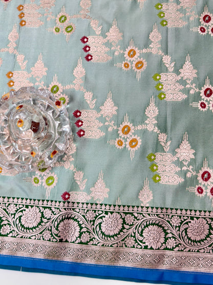 Mashru Katan Silk Saree with Multicolor Zari Weaving and Contrast Border – Festive Wear for Women