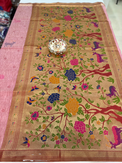Linen Paithani style printed saree with floral tree border and tassel pallu, women’s festive daily wear saree