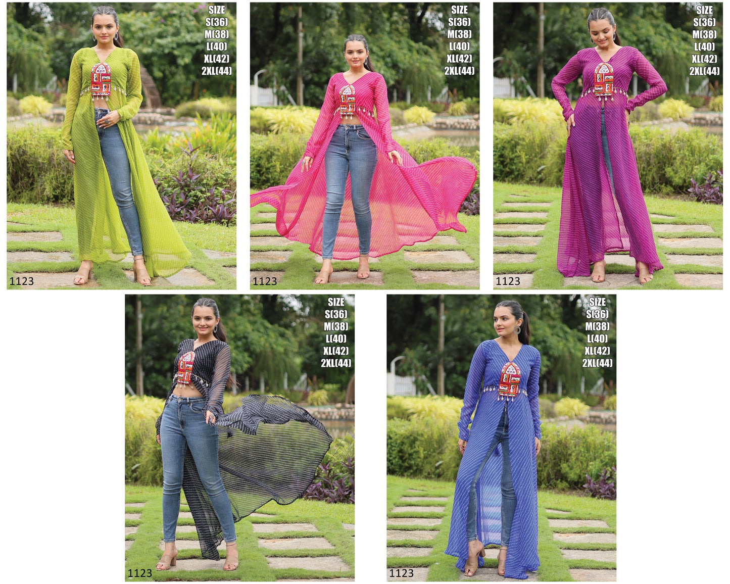 Faux Georgette Leheriya Front Open Long Kurti with Kutchi Patchwork for Women