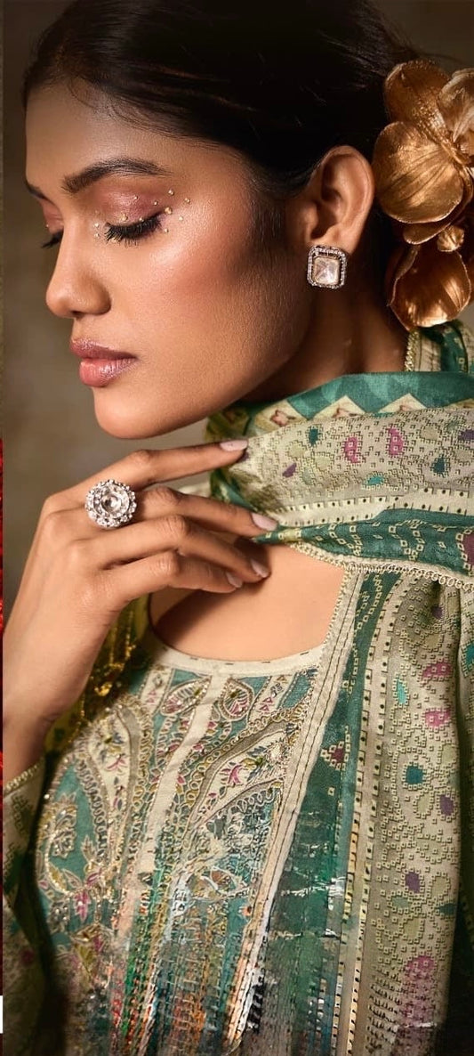 Muslin Digital Print Kurta Pant Dupatta Set with Aari Work and Swarovski Detailing – L to 3XL