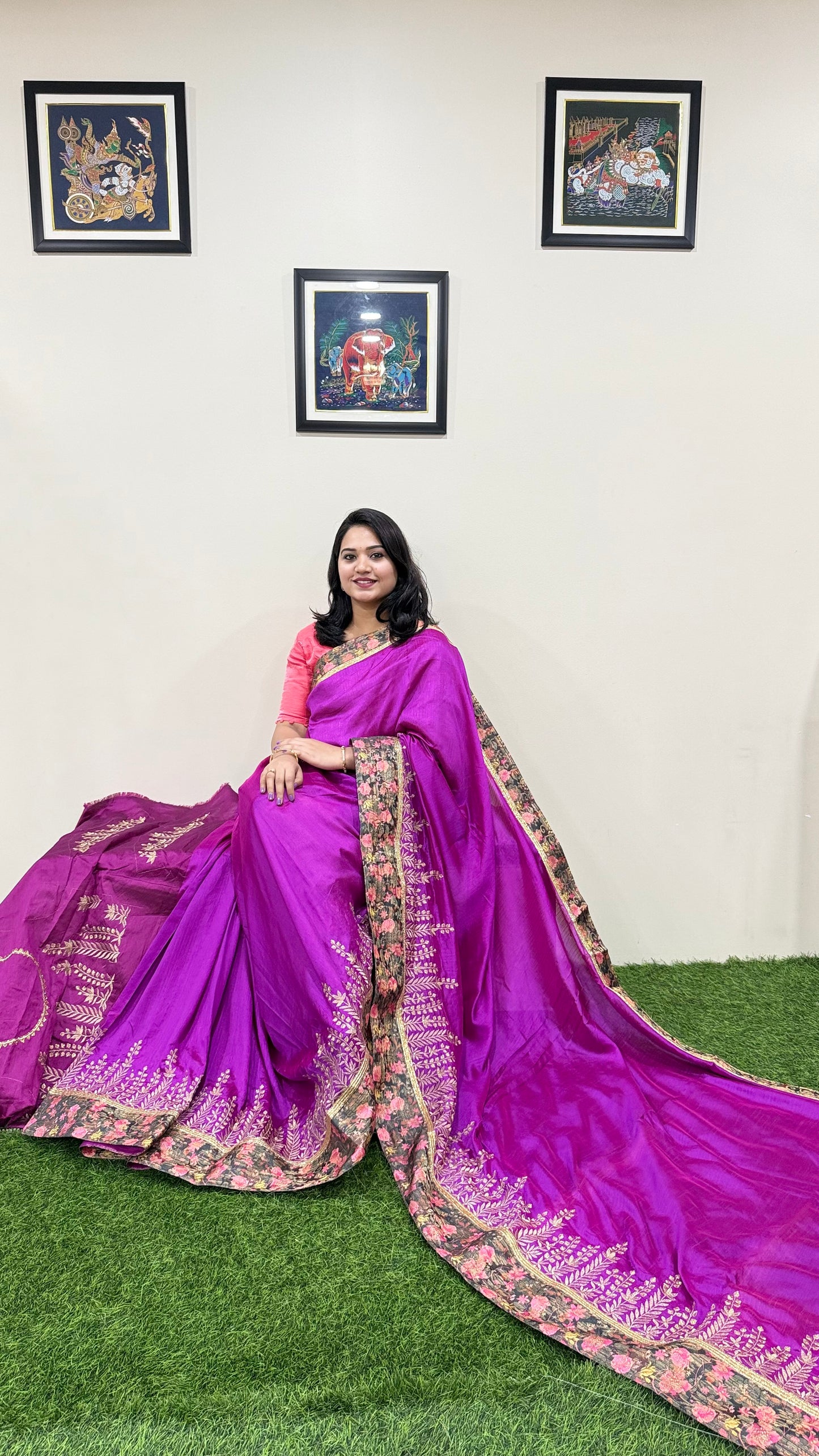 Designer Silk Saree with Embroidery Lace Work, Patchwork and Art Silk Blouse