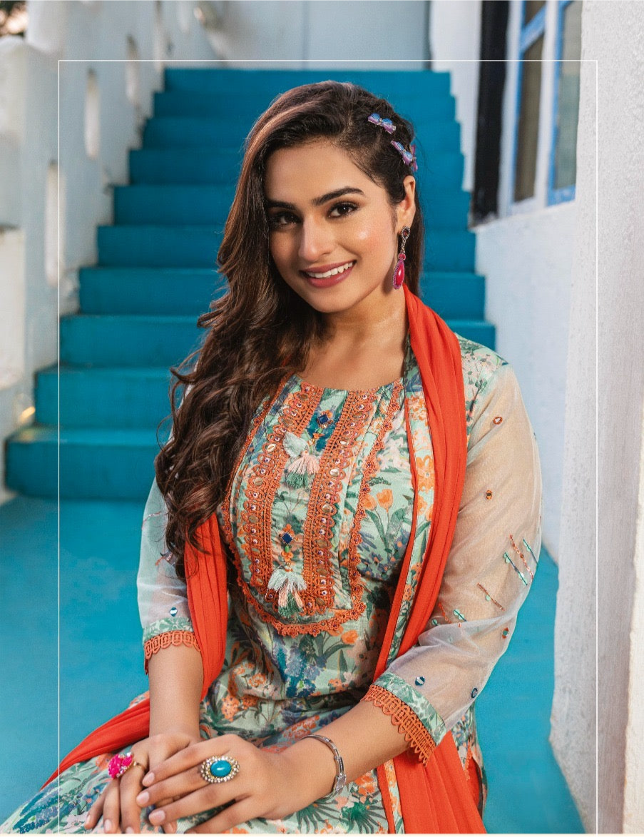 Viscose Satin Silk Kurti Pant Dupatta Set with Digital Print and Hand Embellishments for Women – XL to 3XL