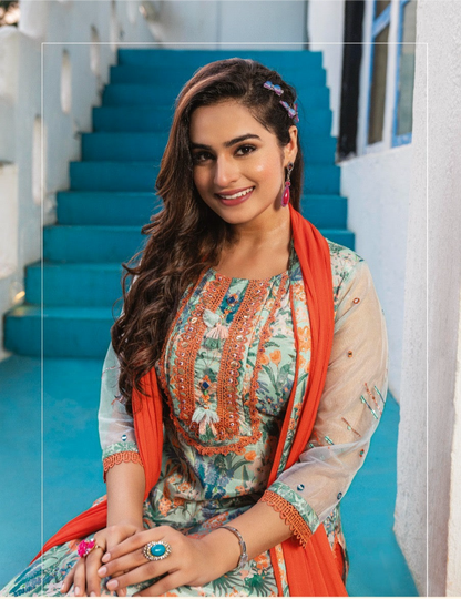 Viscose Satin Silk Kurti Pant Dupatta Set with Digital Print and Hand Embellishments for Women – XL to 3XL