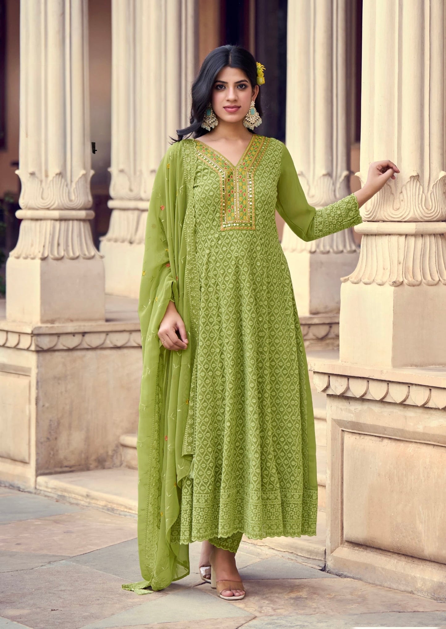 Georgette Anarkali Kurta Pant Dupatta Set with Embroidery and Khatli Mirror Work – L to 2XL