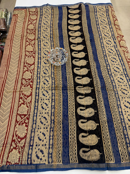 Pure Chanderi Silk Saree with Intricate Handblock Print and Blouse Piece – Traditional Wear for Women