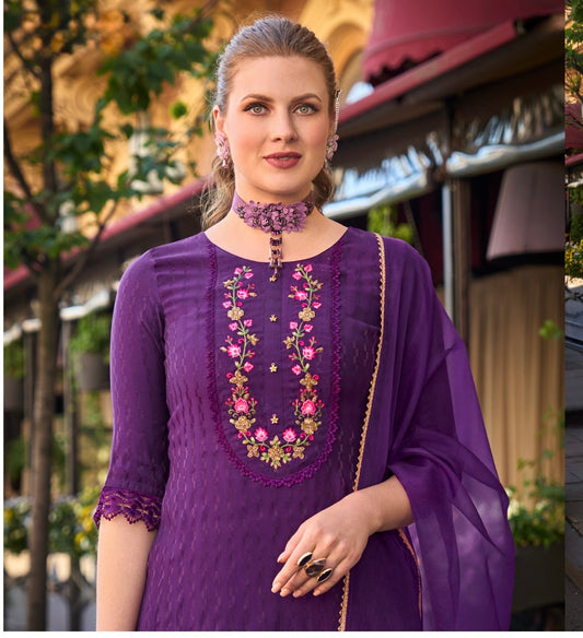 Women’s Self-Jacquard Silk 3-Piece Suit Set with Afghani Bottom and Organza Dupatta – XXL & 3XL