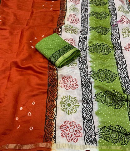 Chanderi Cotton Saree with Hand-Tied Bandhani and Block Printed Pallu – Festive Wear for Women
