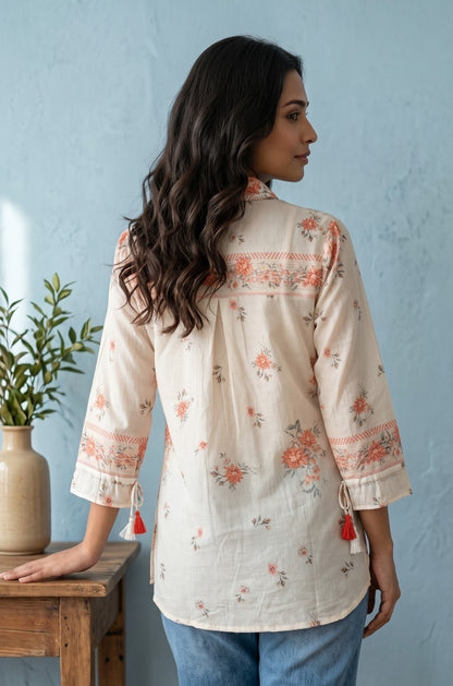 Mul Chanderi Floral Shirt for Women with Detachable Inner, Cream Coral, Sizes 38-44