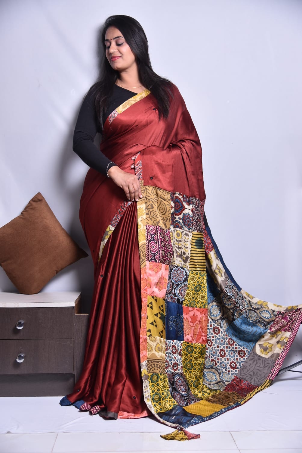 Modal Patch Work Saree with Handblock Print and All-Over Mirror Embellishments for Women