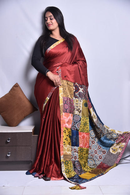 Modal Patch Work Saree with Handblock Print and All-Over Mirror Embellishments for Women