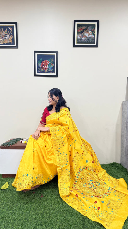 Assam Silk Saree with Kantha Stitch Hand Embroidery and Matching Blouse – Women’s Ethnic Wear