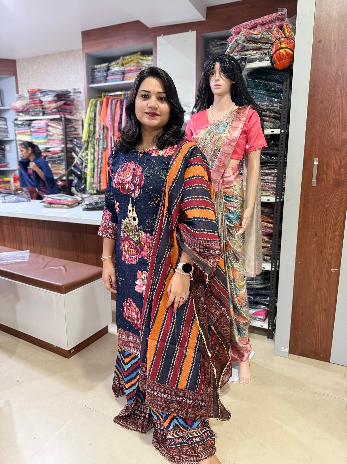 Blue Viscose Kurta Set with Floral Print and Striped Dupatta – Women’s Sizes S to XXL