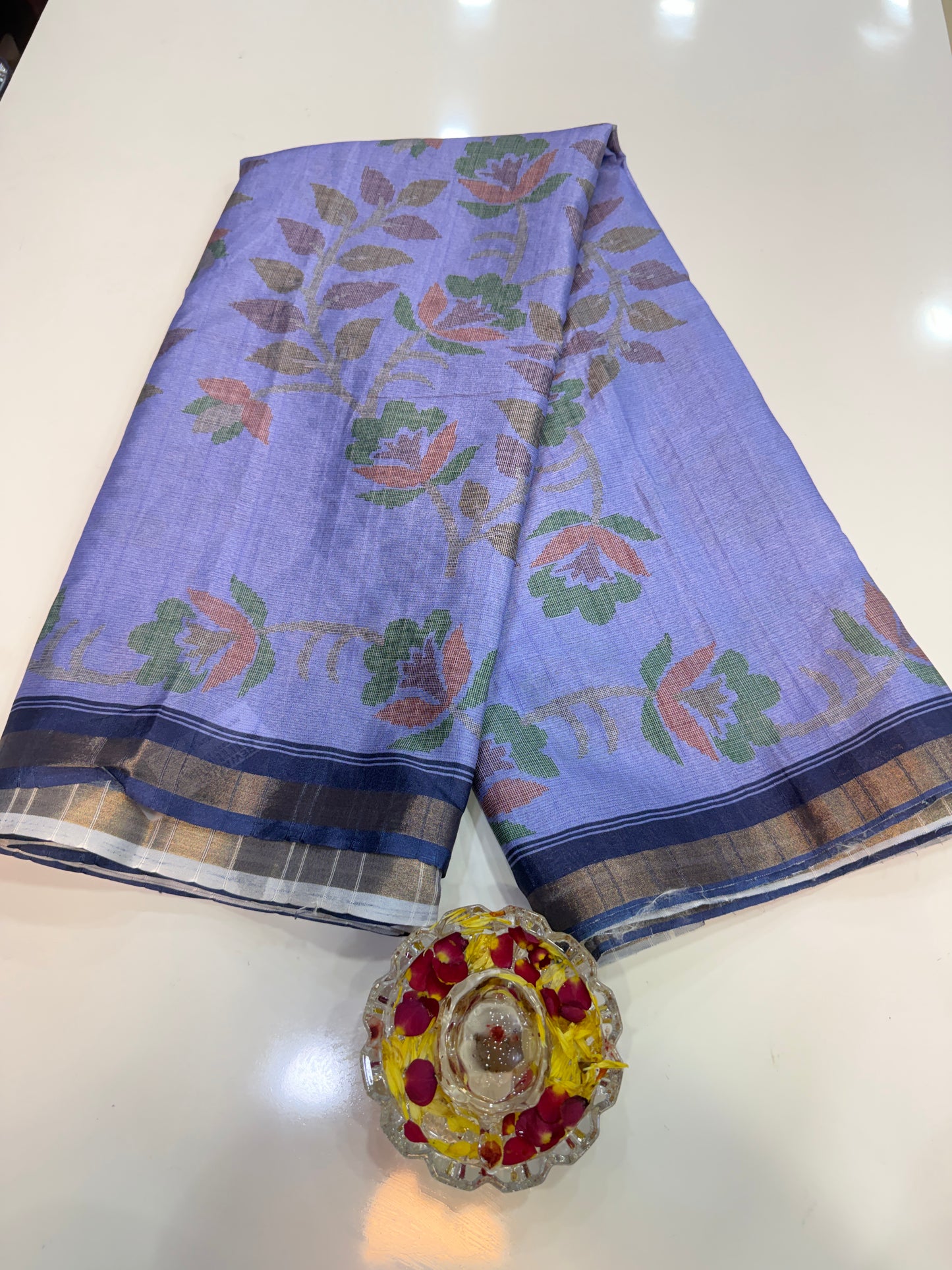 Raw tussar silk saree with smart floral design and soft marmo finish, printed border saree